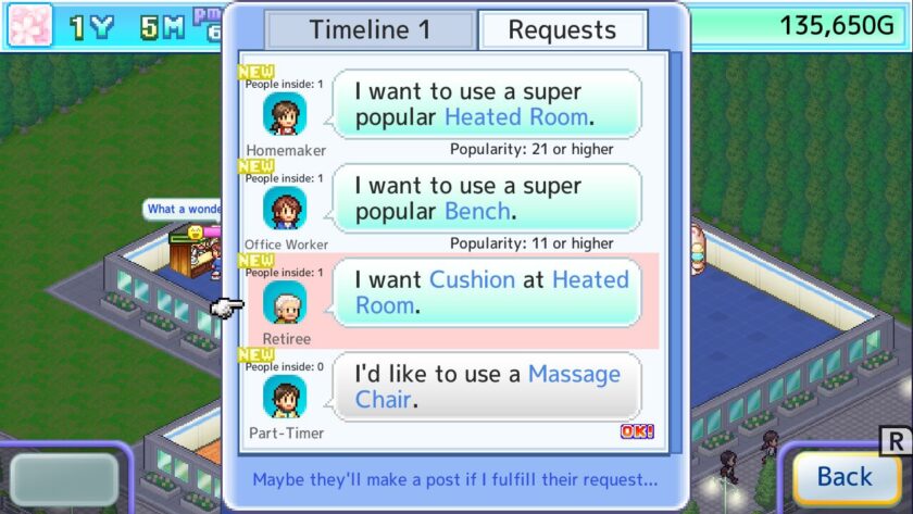The in-game social media, with requests such as the retiree wanting a cushion at the heated room. Published on LadiesGamers