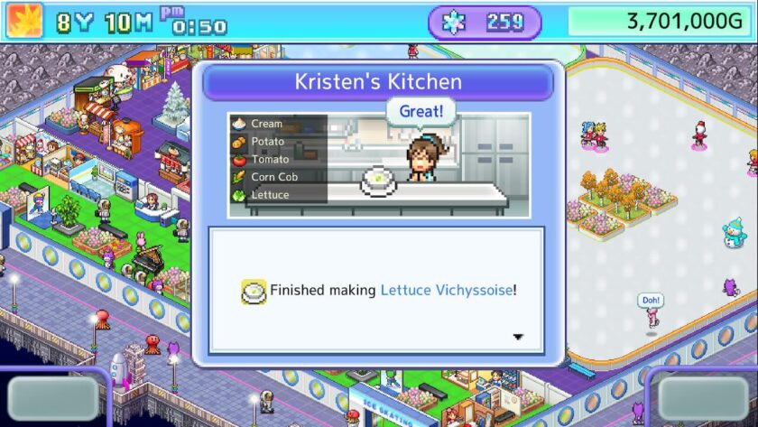 Food creation game of Kristen's Kitchen, with cream, potato, tomato, corn cob and lettuce making lettuce vichyssoise. Published on LadiesGamers
