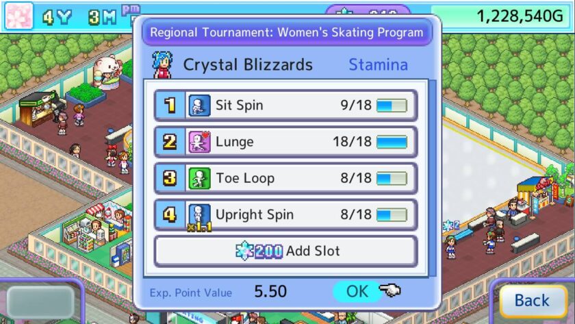 Competition program selection menu, with Crystal Blizzards going to perform a sit spin, lunge, toe loop and upright spin. Published on LadiesGamers