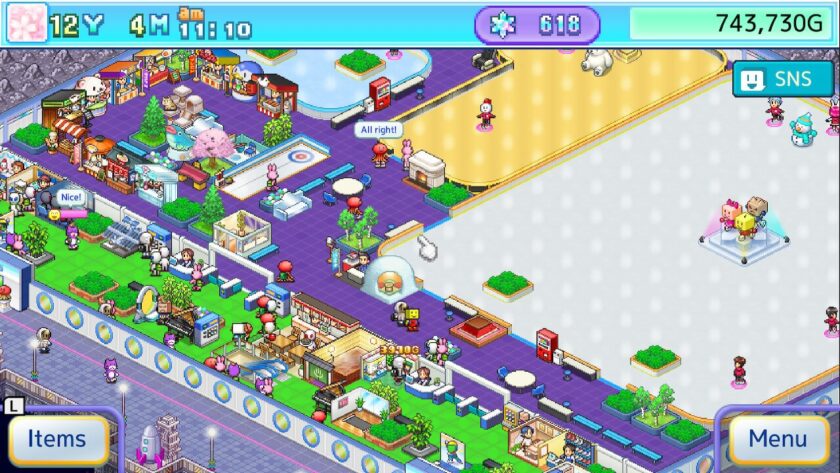 The ice rink and surrounding area and lobby, full of decorations and pixelated characters. Published on LadiesGamers.