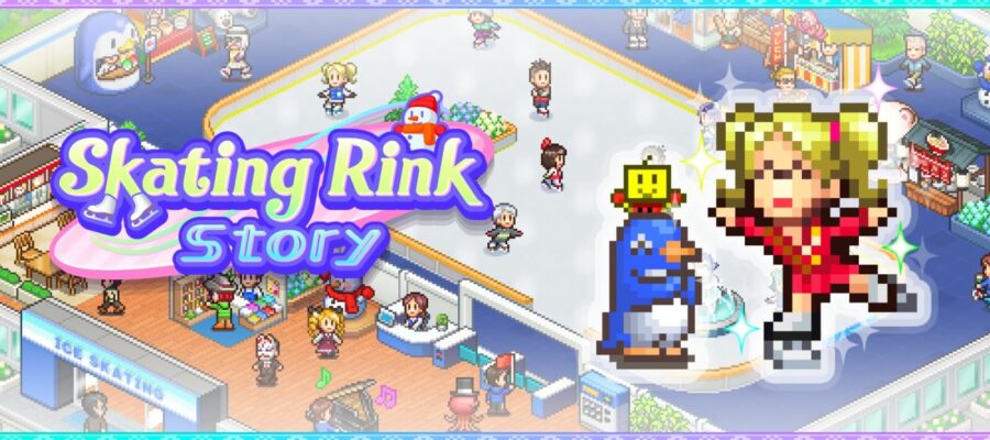 Promotional image for Skating Rink Story showing an ice skater and penguin, with Kairobot popping up from behind the penguin. In the background there is an ice rink and shops, with pixelated characters walking and skating around. Published on LadiesGamers.
