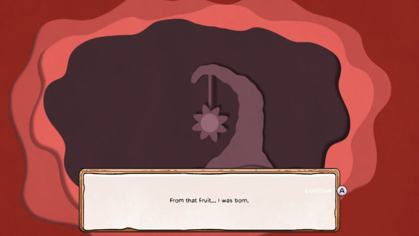 Layered paper scene, showing a shrivelled tree with a sun fruit dangling from the top of the trunk. The words below read: From that fruit... I was born. Published on LadiesGamers