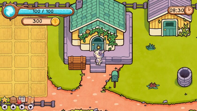 Purrpy, a cartoony purple and white cat standing in front of a yellow and cream house with green roof. Published on LadiesGamers