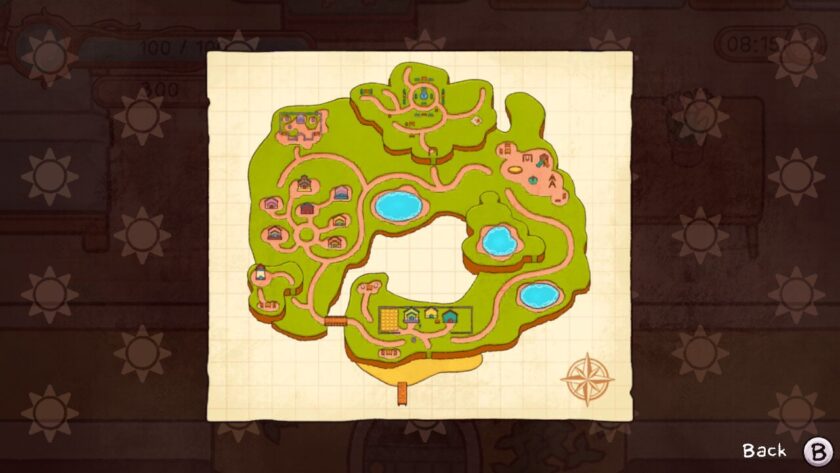 Map of Sunseed Island. Purrpy's farm is in the south near the dock. The village is to the west. Published on LadiesGamers