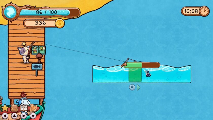 Purrpy standing on the dock with the fishing line in the ocean. There is a bar which fills when the fish is in the bobber area. Published on LadiesGamers