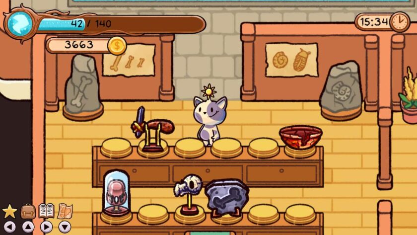 Purrpy standing in the artifacts section of the community center, with a hand axe, ancient bowl and fossils on displayed. Published on LadiesGamers