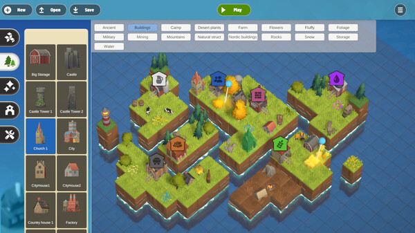 An isometric layout of grassy, blocky terrain pieces forming a modular landscape for train track building. Various structures like castles, churches, and factories are placed across the map. A UI panel on the left displays selectable building options, while category tags allow sorting by terrain or structure type. Published on: LadiesGamers