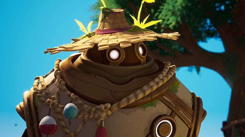 a closeup of Einur, a fisherman robot who likes a straw hat