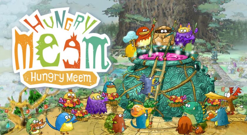 Promotional image for Hungry Meem showing various different shapes and coloured Meems cooking in a very large pot. Published on LadiesGamers.