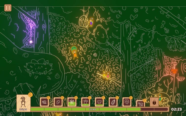 a detailed forest scene on a dark green background with some orange and purple bursts of light. Published on LadiesGamers
