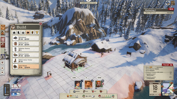 A wintery mountain settlement under construction is shown, with snow-covered terrain, frozen water, and pine trees. A building menu is open on the left side, listing structures like woodcutter, hunter cabin, and deer rental. Three character portraits with stats are visible at the bottom. The game interface displays resource counts, time of day, and current tasks. Published on: LadiesGamers.