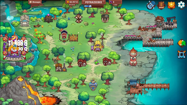 A colorful top-down map features various whimsical buildings and landmarks including a lighthouse, a volcano, and a circus tent. Trees dot the landscape, and interface elements like coins and character stats are shown at the top. The art style is bright and cartoonish, ideal for an idle strategy game. Published on: LadiesGamers.