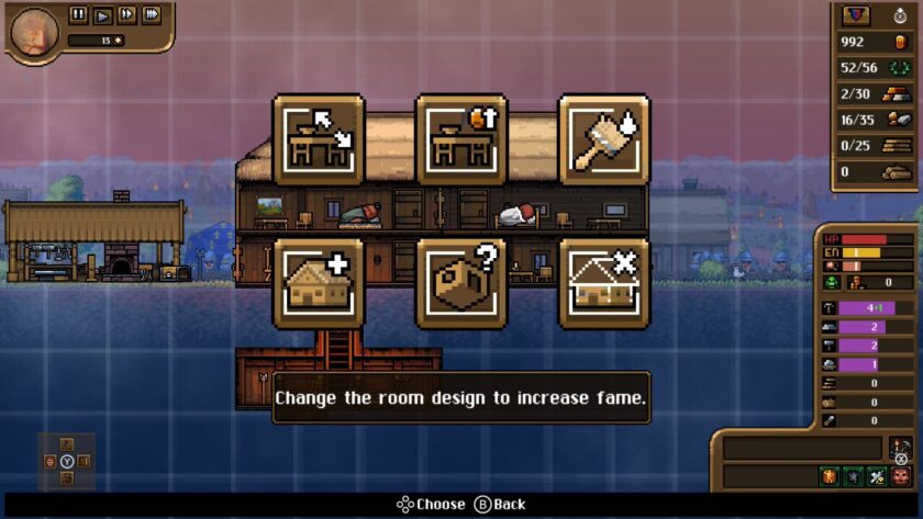 The build menu, with six square icons representing different build options. Change the room design to increase fame is written below, but it's difficult to see which icon is selected. Published on LadiesGamers