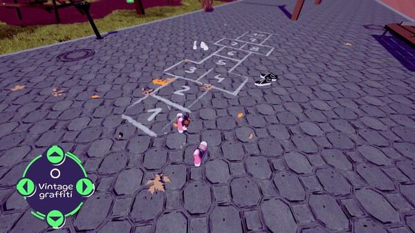 A pair of animated sneakers are playing hopscotch alone on a paved path in a park setting, with a chalk-drawn grid visible on the ground. Other pairs of shoes, including black and white sneakers, sit nearby. Autumn leaves are scattered on the path, and a "Vintage graffiti" option is selected in a neon green menu wheel on the left side of the screen. Published on: LadiesGamers.