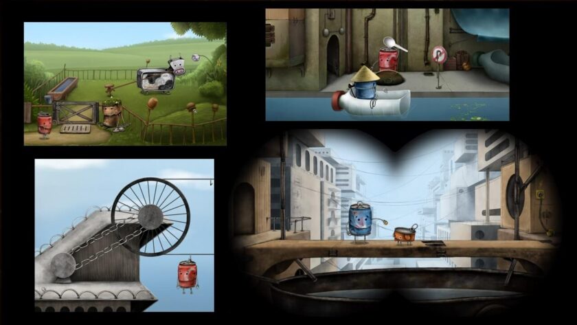 Photomontage of a tin cow, Red Can and Boxville. Published on LadiesGamers 