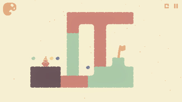 A minimalist platform puzzle scene featuring a small robed character standing on a dark platform. The environment is made of solid color blocks—red, green, and blue—with a small flag indicating the goal. The visual style is soft and pastel with grainy textures and a calm, uncluttered design. Published on: LadiesGamers.