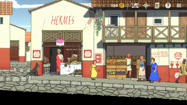 Danger in Pompeii: A bustling Roman street scene with villagers in traditional attire walking past shops. One shop named Hermes has meats hanging inside, and another is filled with fruits and vegetables. Published on: LadiesGamers.
