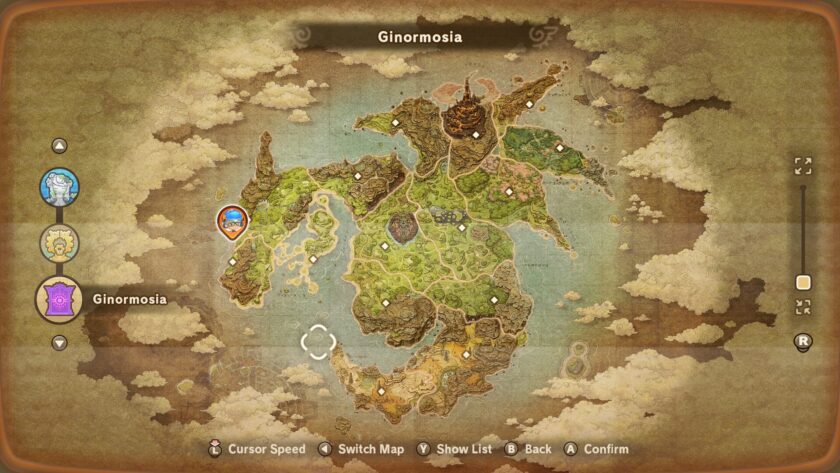 A fantasy-style world map titled “Ginormosia” displays a large, detailed continent with various terrain types, landmarks, and points of interest. A character icon is highlighted on the western side, and the UI includes map navigation tools. Published on: LadiesGamers