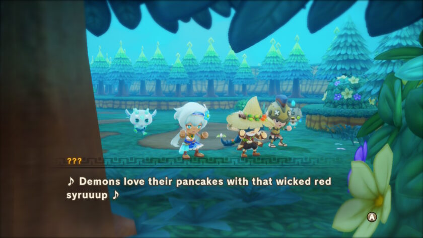 A group of cute, chibi-style characters in Fantasy Life I strike battle poses in a forest clearing while lyrics appear at the bottom of the screen: “Demons love their pancakes with that wicked red syruuup ♪”. A fluffy white creature watches from behind. Published on: LadiesGamers