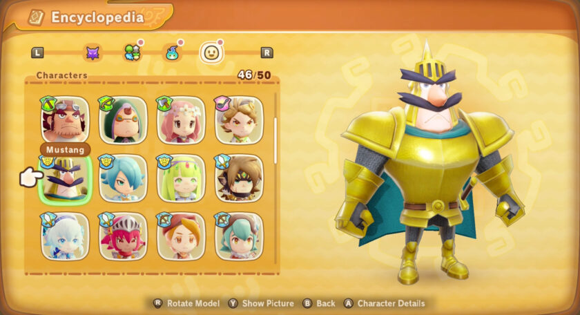A character selection screen from the in-game encyclopedia shows a grid of colorful portraits. One character, Mustang, is highlighted and shown in full armor on the right—he wears shiny golden armor, a teal cape, and has a dramatic mustache and helmet. Published on: LadiesGamers