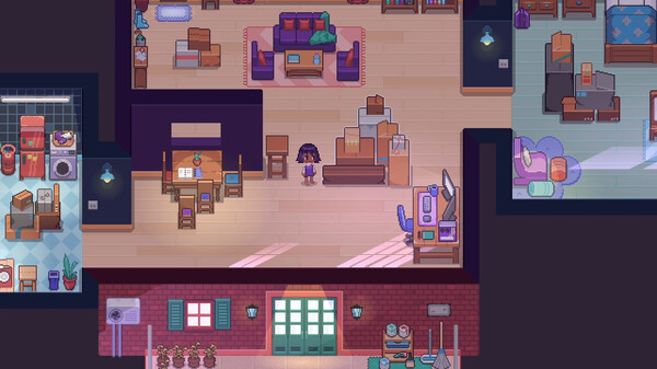 An isometric view of a warmly lit home interior features a central character surrounded by neatly arranged rooms: a dining area, a cozy living room, a study, and a bedroom. Cardboard boxes indicate a recent move, while soft lighting and pixel art design add to the charm. Published on: LadiesGamers.