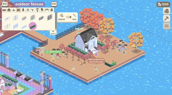 A charming isometric island scene features a white house surrounded by autumn trees, picket fences, and small gourd-shaped characters chatting with floating dialogue. The water surrounding the island sparkles in a soft blue hue. The UI shows a building menu for outdoor fences and currency at the top. Cozy and creative in tone. Published on: LadiesGamers.