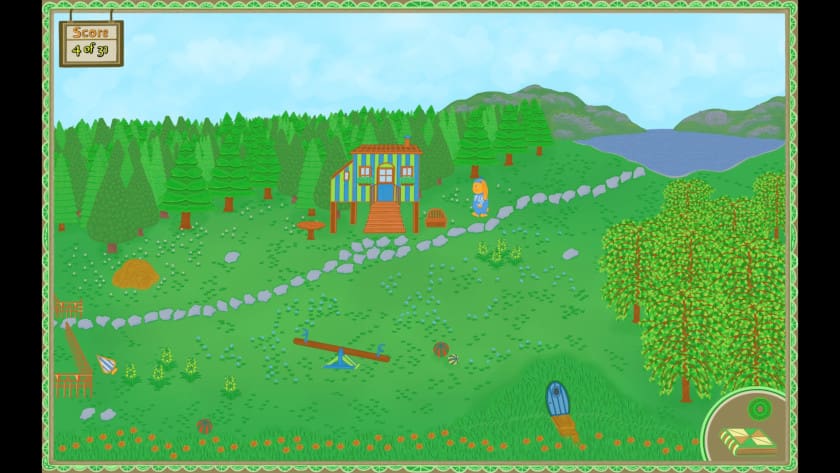 A bunny walks through a large open field with some houses on it.