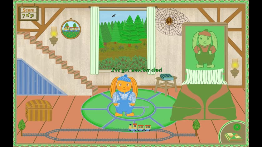 A bunny stands in the middle of a bedroom with a bed, artwork, and a toy train.