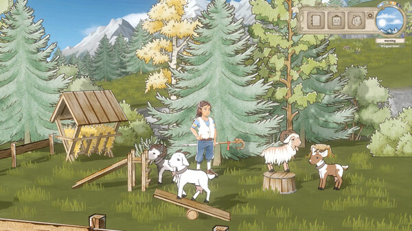 Heidi's Legacy: A peaceful alpine farm setting where a character stands among goats in a grassy field with a wooden hayrack, surrounded by pine trees and distant mountains. Published on: LadiesGamers.