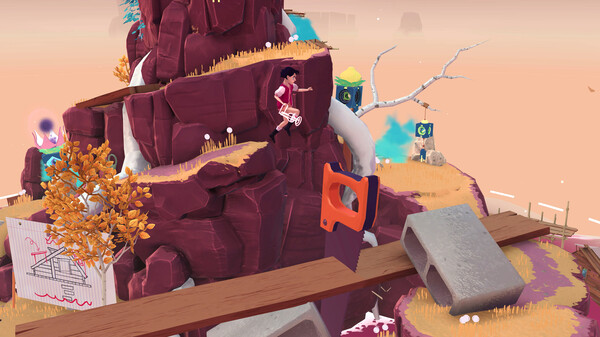 Hidden Memories The Gardens Between: A stylized platforming scene with a character jumping along a surreal cliffside filled with red rocks, abstract platforms, and puzzle-like elements. Published on: LadiesGamers.