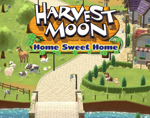 A charming, pastoral scene from Harvest Moon: Home Sweet Home shows a cobblestone path winding through a cozy village setting. Farm animals like cows, sheep, chickens, and a horse graze and roam on the grassy fields to the left. To the right, villagers and a dog are seen near a trimmed hedge. The title "Harvest Moon: Home Sweet Home" is prominently displayed in colorful, playful lettering at the top center. A calm river flows under a small stone bridge in the foreground, completing the idyllic rural atmosphere. Published on: LadiesGamers.