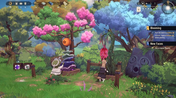 Hotel Galactic: A vibrant and whimsical garden with characters interacting near a multicolored tree and mystical objects, set in a magical landscape with lush flora and glowing lights. Published on: LadiesGamers.