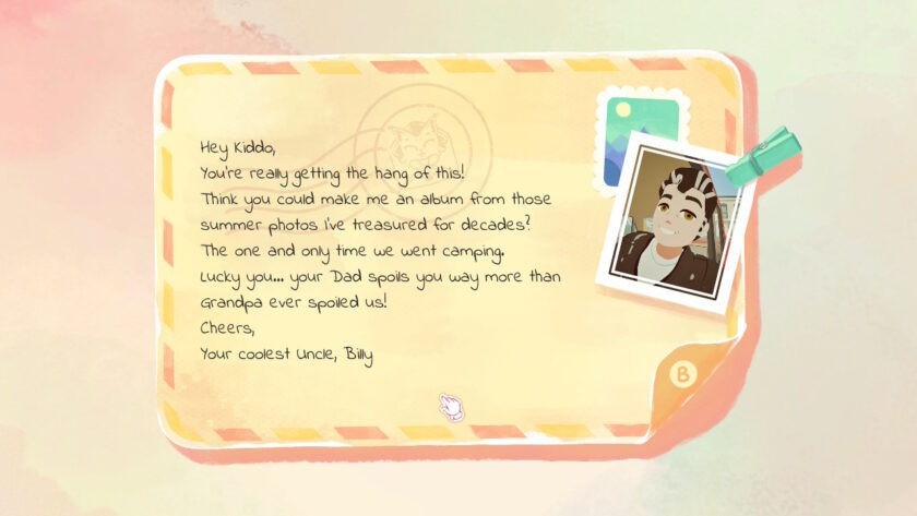 A handwritten letter from Uncle Billy to a child, placed on a yellow envelope-style background with a photo of a smiling man clipped to the top right. The letter reminisces about a past camping trip and asks for help creating a photo album. Published on: LadiesGamers