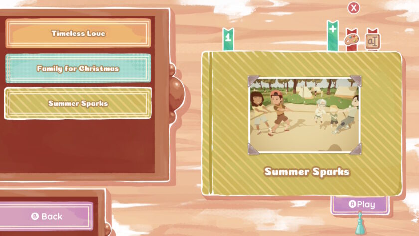 A menu screen displaying three chapter titles: "Timeless Love," "Family for Christmas," and "Summer Sparks," with "Summer Sparks" highlighted. A cover photo of children playing tug-of-war at a campsite is shown on the selected chapter. Published on: LadiesGamers