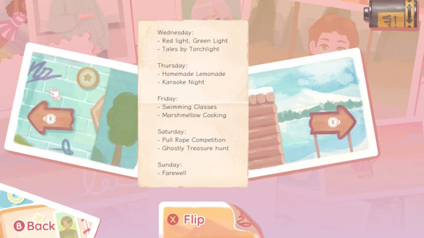 A scrapbook page showing a folded camp activity schedule listing themed events for each day of the week, like "Tales by Torchlight" and "Ghostly Treasure Hunt," alongside playful collage pieces like arrows and stars. Published on: LadiesGamers