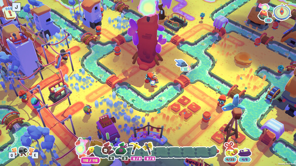 Into the Emberlands: A top-down view of a colorful, maze-like settlement filled with structures, water channels, and a central glowing red tree, with icons and status bars visible. Published on: LadiesGamers.
