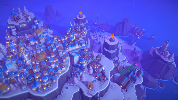 A stunning bird’s-eye view of a sprawling mountaintop city glowing with lights under a violet-blue dusk sky. Snow blankets the terrain, while various towers, domed buildings, docks, and farms are spread across connected islands. Warm lights contrast with the cool atmosphere, creating a serene yet bustling ambiance. Published on: LadiesGamers.