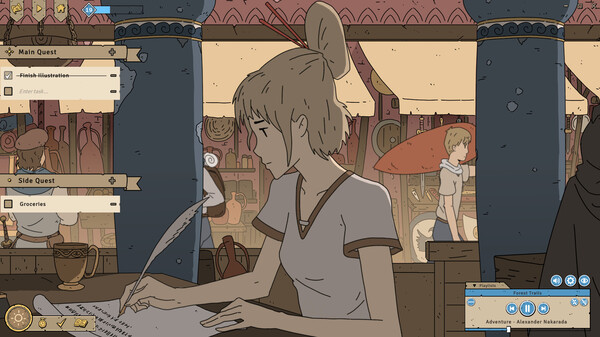A young woman with a quill pen writes at a desk in a cozy, sepia-toned marketplace setting in Ithya: Magic Study. She has light hair tied in a bun with chopsticks and wears a simple white tunic with brown trim. Behind her, market stalls display wares and another woman with an umbrella walks past. The game's UI shows quests titled “Finish illustration” and “Groceries,” blending creative work with daily tasks. Published on: LadiesGamers.