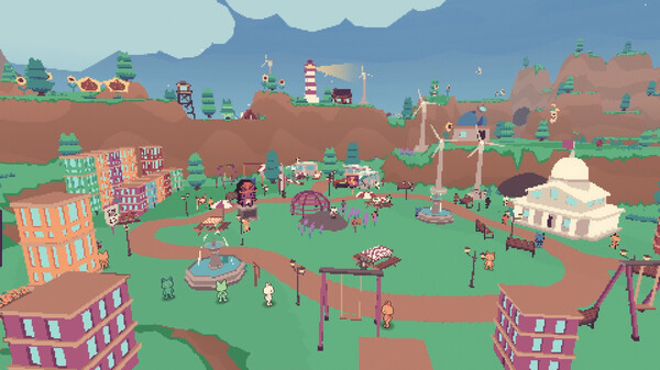 Kity Builder: A wide view of a whimsical town with pastel buildings, parks, a lighthouse, and playground equipment, all rendered in a soft, low-poly art style. Published on: LadiesGamers.