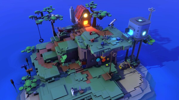 A colorful floating island made of LEGO-style blocks features a whimsical mix of nature and technology. A small red house with glowing windows sits atop a grassy hill surrounded by trees, while a futuristic blue-lit tower and various gadgets are scattered across the terrain. The scene is vibrant, playful, and full of detail. Published on: LadiesGamers.