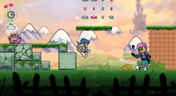 In this colorful platformer scene from Little Nemo and The Guardians of Slumberland, two characters face off in a vibrant dreamscape. On the left, a blue-haired character leaps mid-air with a shield, surrounded by grassy platforms, a stone block, and a grinning purple creature. On the right, a pink-haired opponent appears ready to attack, holding a magical orb. The background features snow-capped mountains, candy collectibles above, and a distant shadowy castle, all evoking a whimsical fantasy world. Published on: LadiesGamers.