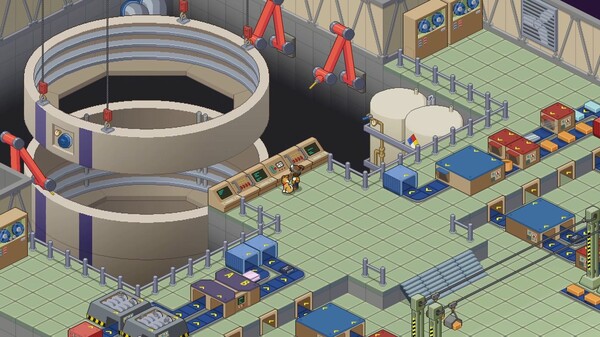 An isometric factory or laboratory environment includes conveyor belts, control panels, and large sci-fi machinery. A character stands at a central console. The tile-based layout and pixel art give it a retro tech-management vibe. Published on: LadiesGamers.