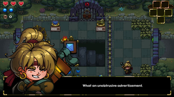 A scene from the video game Lord Ambermaze shows a pixel-art dungeon area bordered by trees and stone walls. A smiling, blonde female character with a large hammer is featured prominently in a dialogue box saying, “What an unobtrusive advertisement.” Behind her, the dungeon floor contains vending machines offering items for 200 and 50 coins, with a locked gate and spike traps further in. Published on: LadiesGamers.