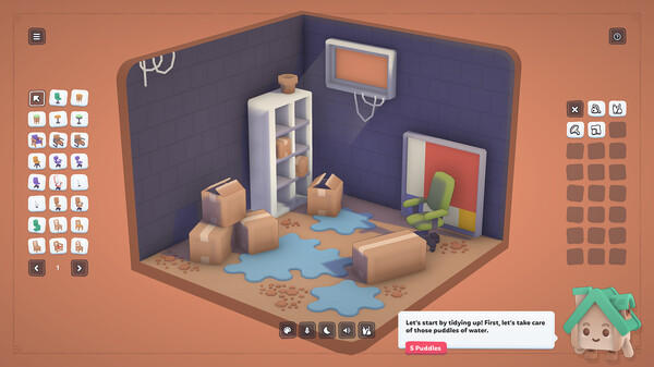 A small, cluttered room with a hexagonal layout features cardboard boxes, scattered puddles, and muddy footprints on the floor. A white shelving unit, a green desk chair, and a wall-mounted basketball hoop add to the disorganized scene. A prompt in the lower corner instructs the player to clean up five puddles of water. The visual style is soft and toy-like, with rounded edges and warm tones. Published on: LadiesGamers.