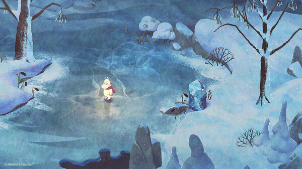 In a serene, icy forest clearing, Moomintroll stands alone on a frozen pond surrounded by snow-covered rocks, bare trees, and delicate plant life. The hand-painted art style creates a dreamy, storybook-like ambiance with cool blue and white tones. Published on: LadiesGamers.