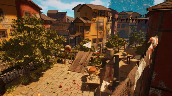 A vibrant Mediterranean-style village is depicted, with sunlit cobblestone streets, colorful houses, and festive bunting. Market stalls and various objects like baskets, fruit, and fabrics suggest a lively town scene. The warm color palette and detailed textures evoke a handcrafted, miniature-world aesthetic. Published on: LadiesGamers.