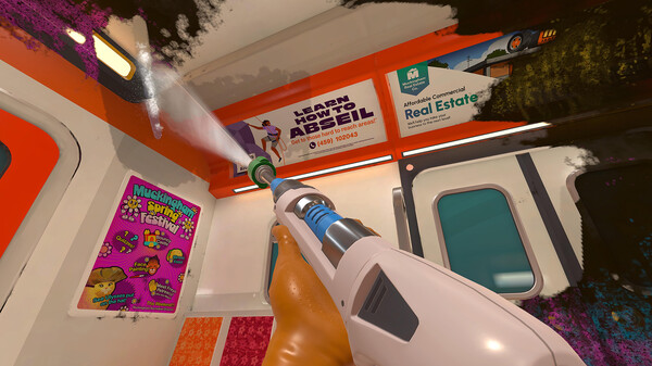 A first-person view inside a subway train in PowerWash Simulator, where a character is cleaning grime off the ceiling using a pressure washer. Colorful posters line the walls, including one advertising a spring festival and another promoting an abseiling course. The interior is brightly lit, with grime and dirt partially covering the surfaces being cleaned. Published on: LadiesGamers.