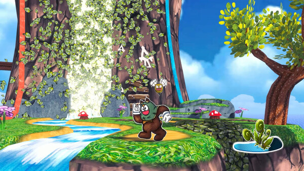 Ruffy and the Riverside: A cartoonish jungle environment with a character resembling a costumed animal in front of a leafy waterfall, surrounded by mushrooms and vibrant foliage. Published on: LadiesGamers.