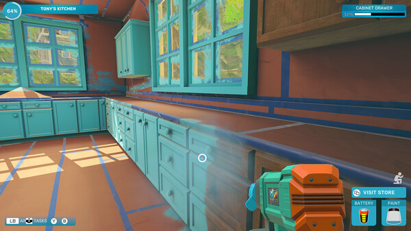 Spray Paint Simulator: A first-person view of a vividly colored kitchen undergoing renovation, with blue cabinets and a paint tool actively spraying one of the surfaces. Published on: LadiesGamers.