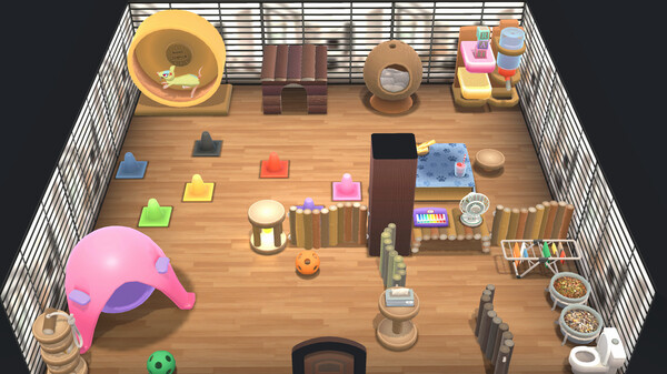 Squeakross: A cozy indoor pet enclosure filled with colorful toys, cat furniture, feeding stations, and enrichment items for small animals, all set on a polished wooden floor. Published on: LadiesGamers.